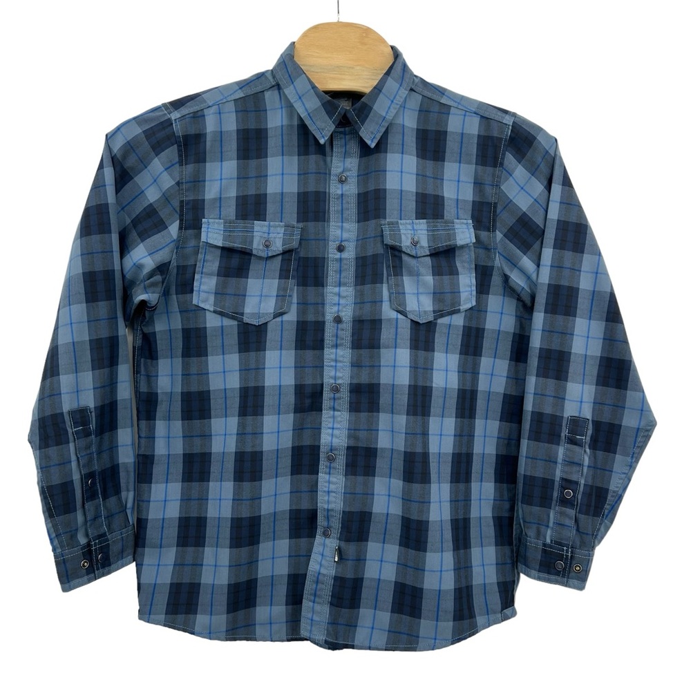 The North Face Blue Plaid Long Sleeve Shirt Men size‎ Large Snap buttons.